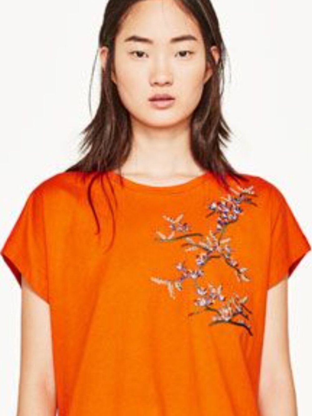 Zara Orange Embroidered Floral Boho Tee Top Medium NWOT